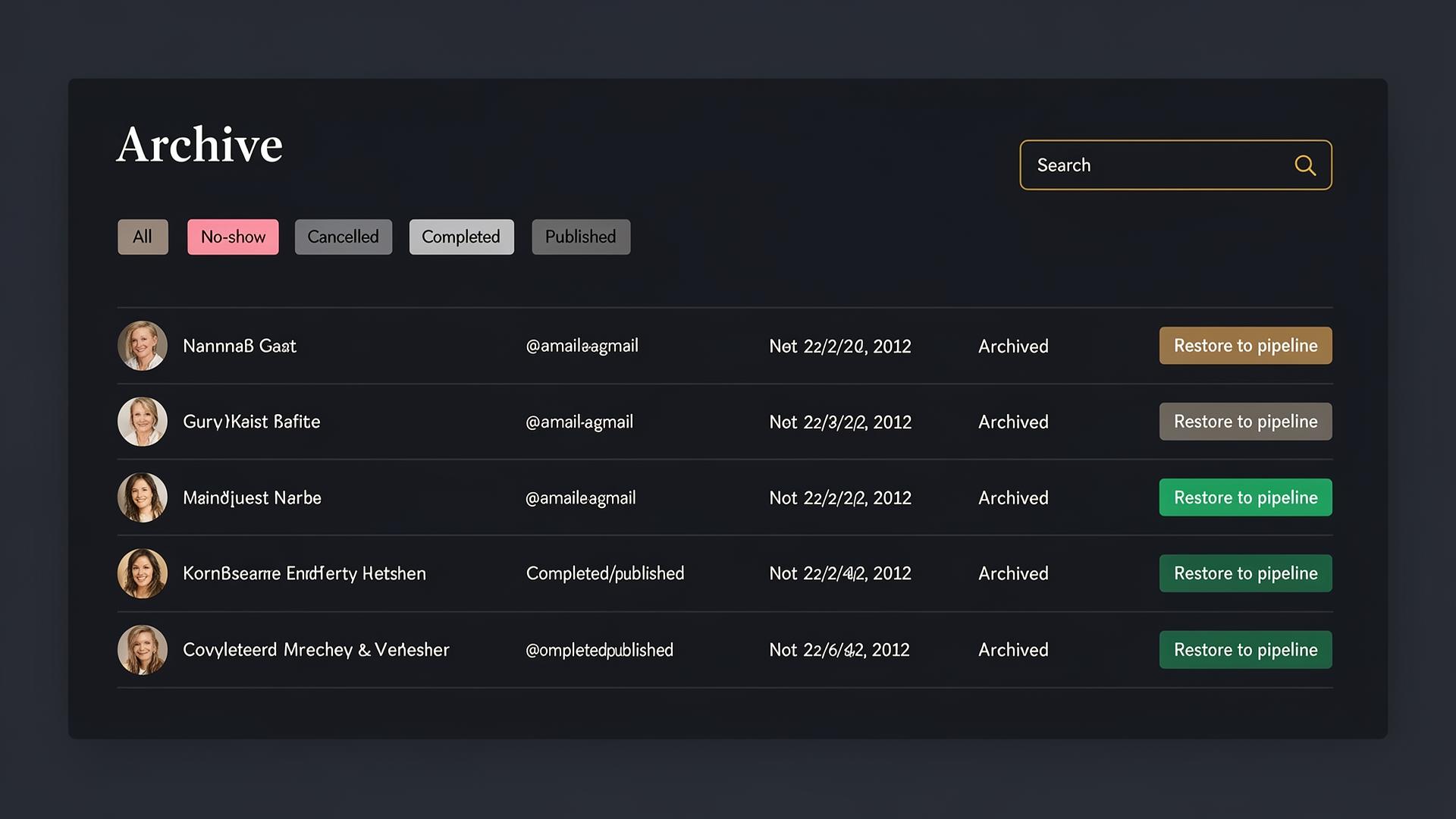 Archive tab with no-show, cancelled, completed and published filters