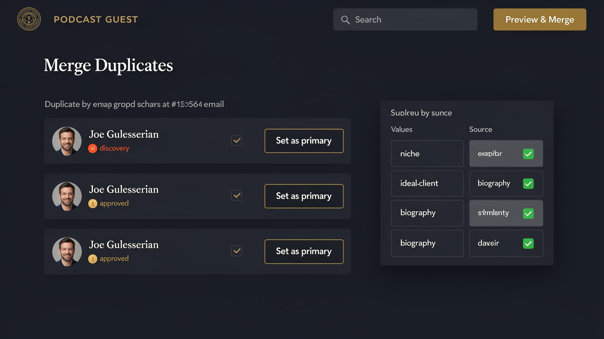 Merge duplicates interface with side-by-side field comparison and primary record selector