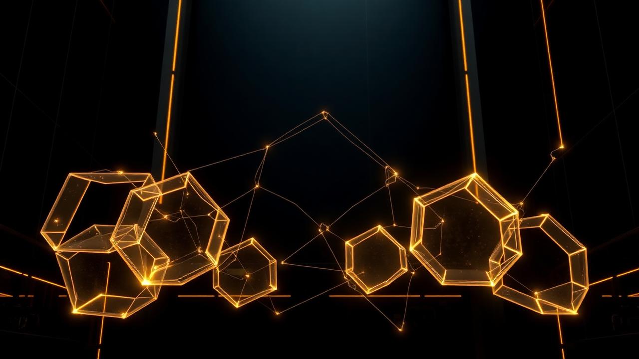 Interlocking translucent geometric shapes with gold edges, representing connected platforms working together