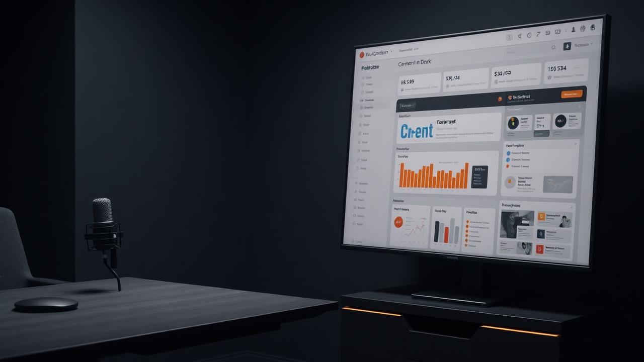 A podcast microphone next to a content dashboard, showing scattered episode data without a unifying system