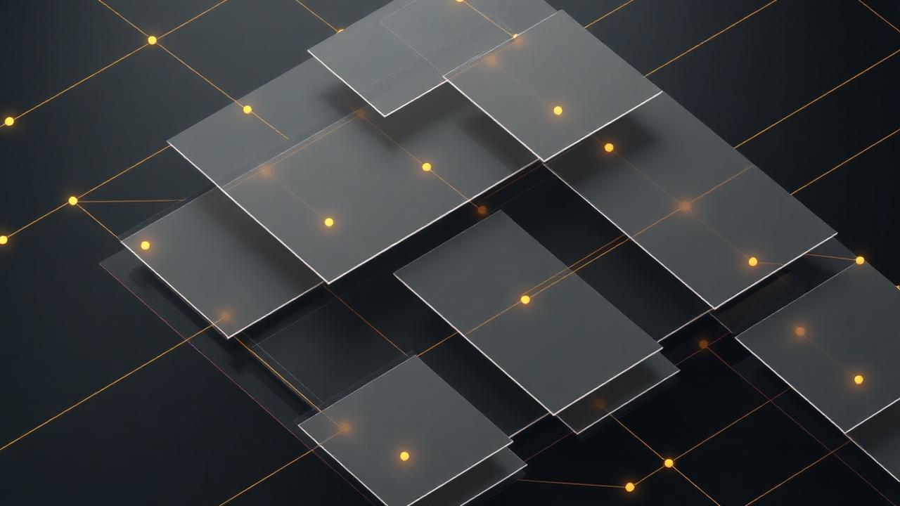 An architectural visualisation of layered content tiles connected by gold lines, representing the Creator OS structure