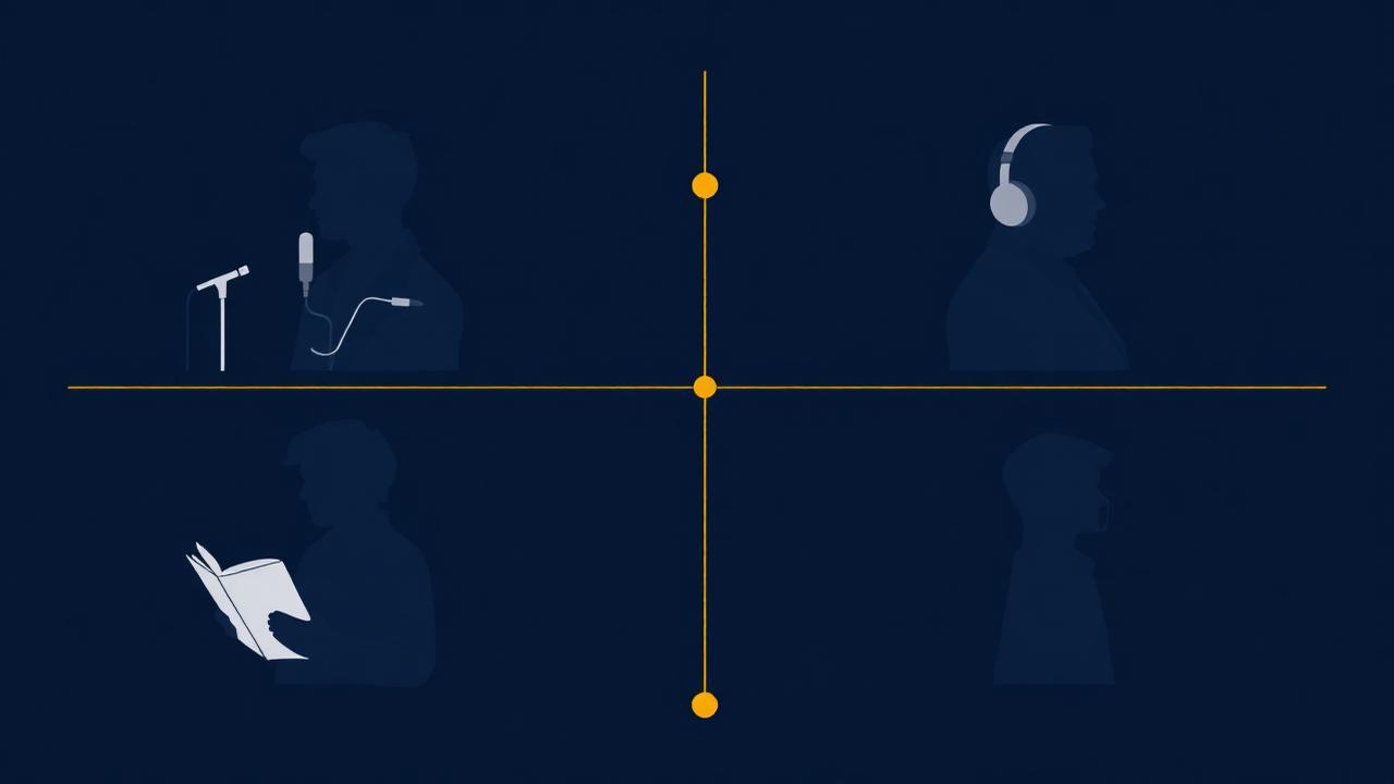 Four creator archetypes — podcaster, author, coach, speaker — arranged in a quadrant connected by gold lines